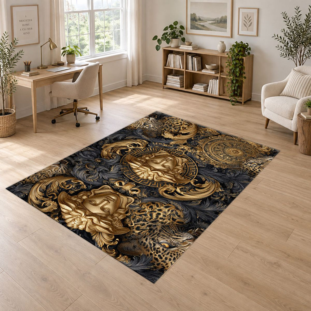 Baroque Gold Medusa and Leopard printed area rug