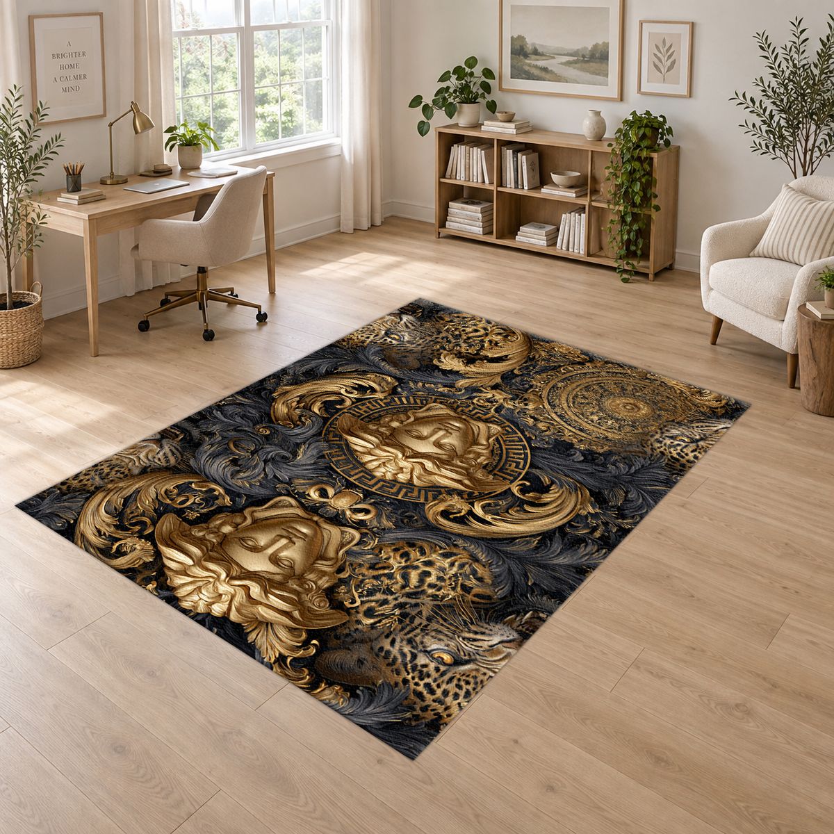 Baroque Gold Medusa and Leopard printed area rug