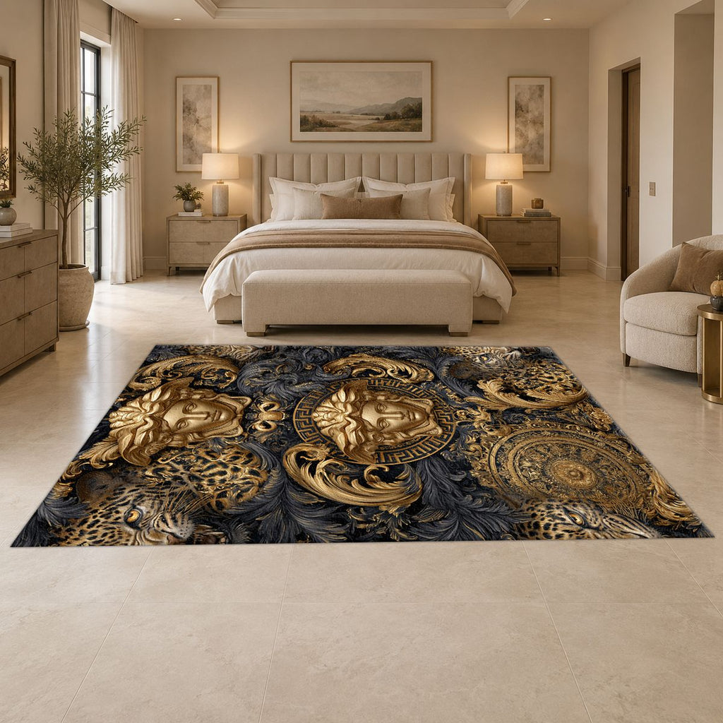 Baroque Gold Medusa and Leopard printed area rug
