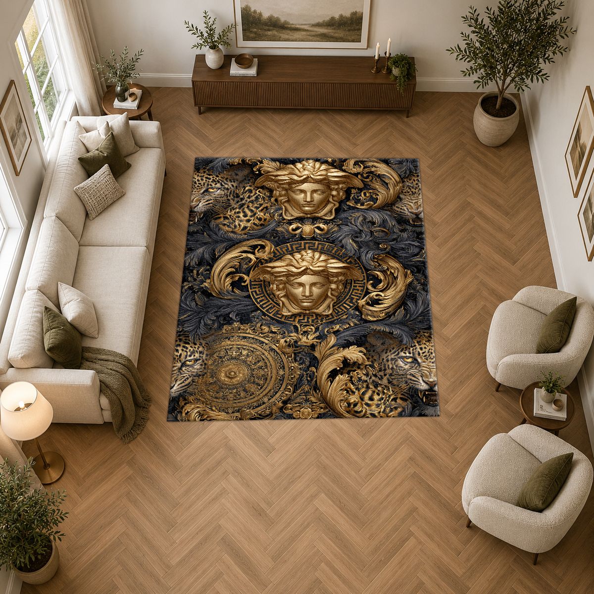 Baroque Gold Medusa and Leopard printed area rug