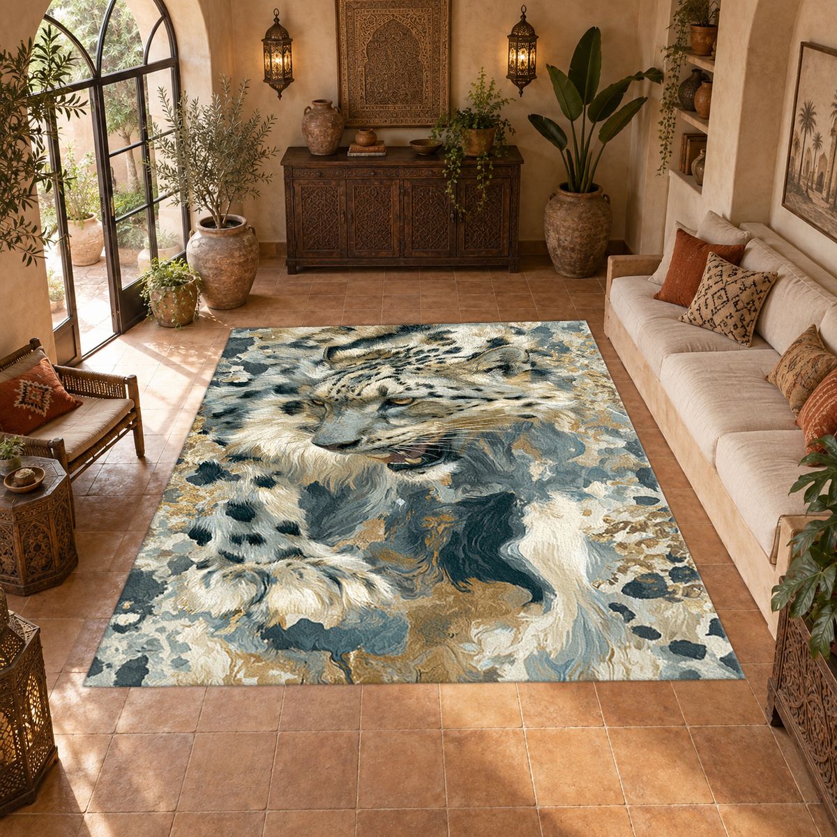 Snow Leopard Abstract Pattern printed area rug