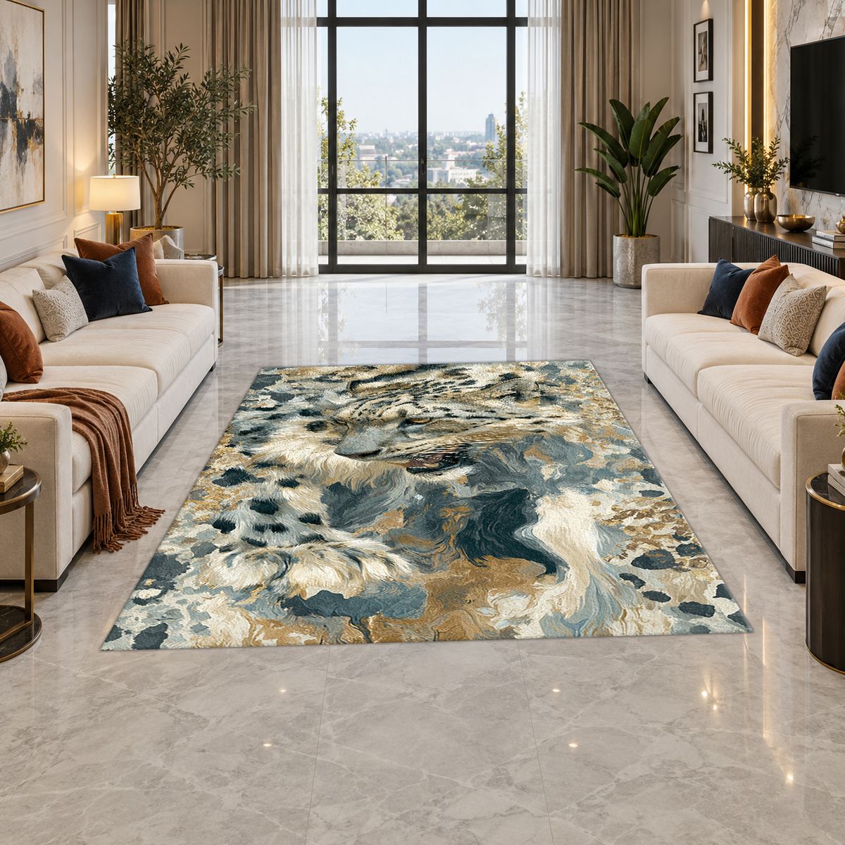 Snow Leopard Abstract Pattern printed area rug
