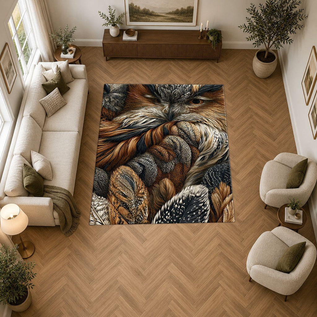 Brown Owl Feather Close Up printed area rug