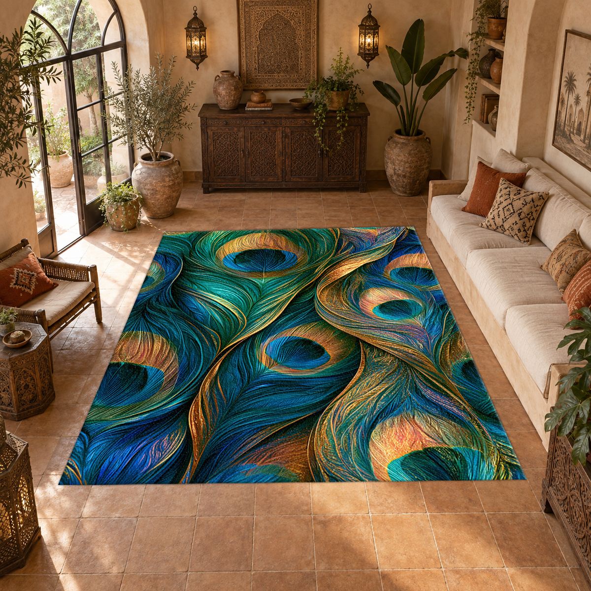Peacock Feathers Jewel Tone printed area rug