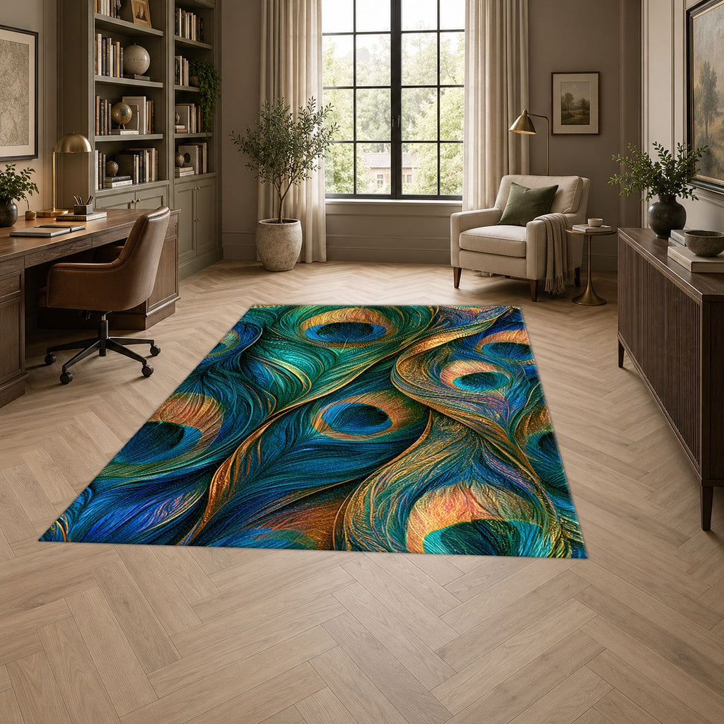 Peacock Feathers Jewel Tone printed area rug