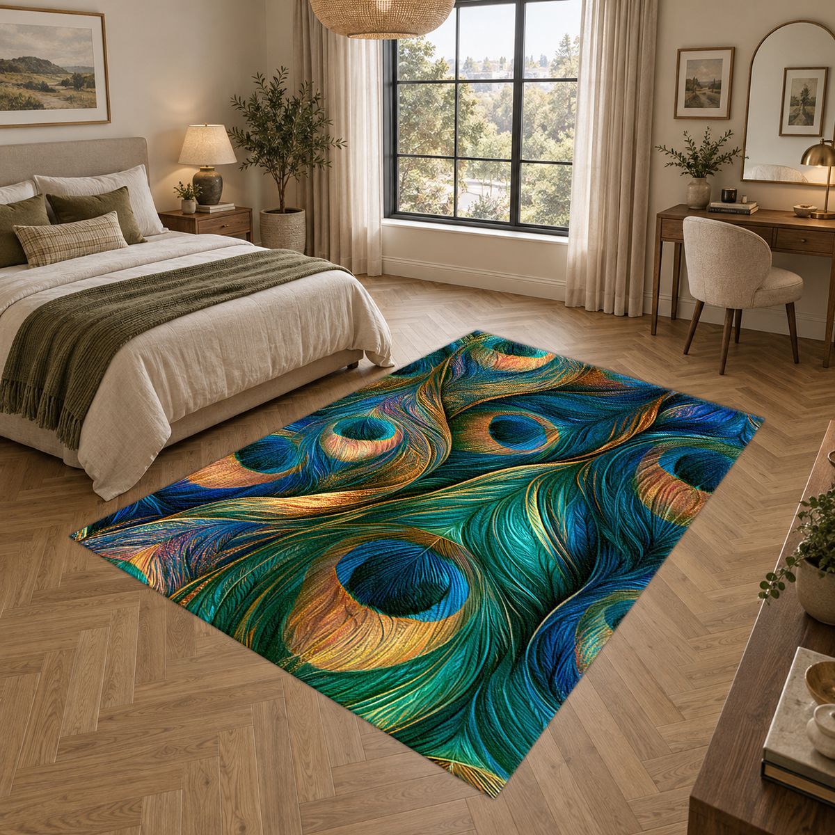 Peacock Feathers Jewel Tone printed area rug