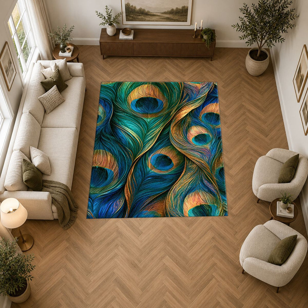 Peacock Feathers Jewel Tone printed area rug
