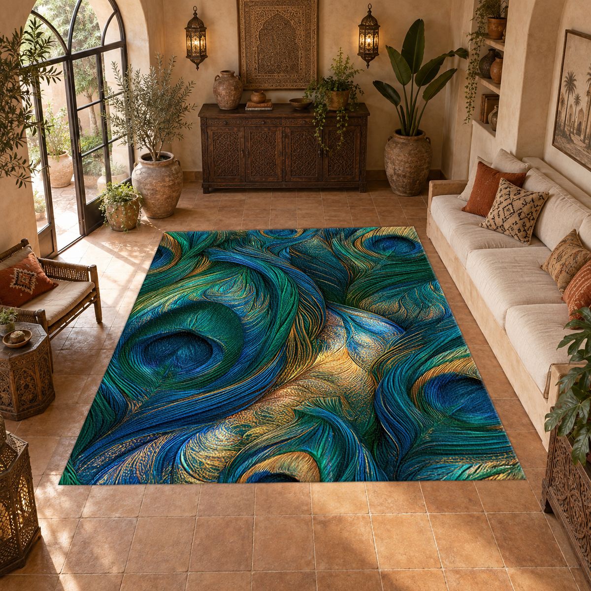 Emerald Peacock Feather Swirl printed area rug