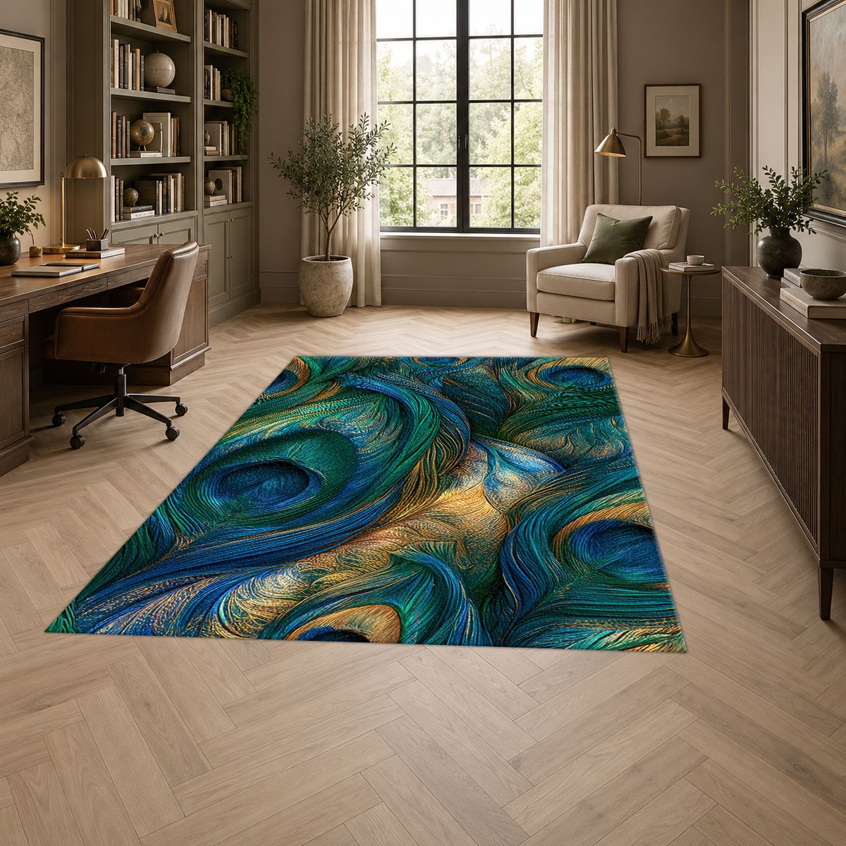 Emerald Peacock Feather Swirl printed area rug