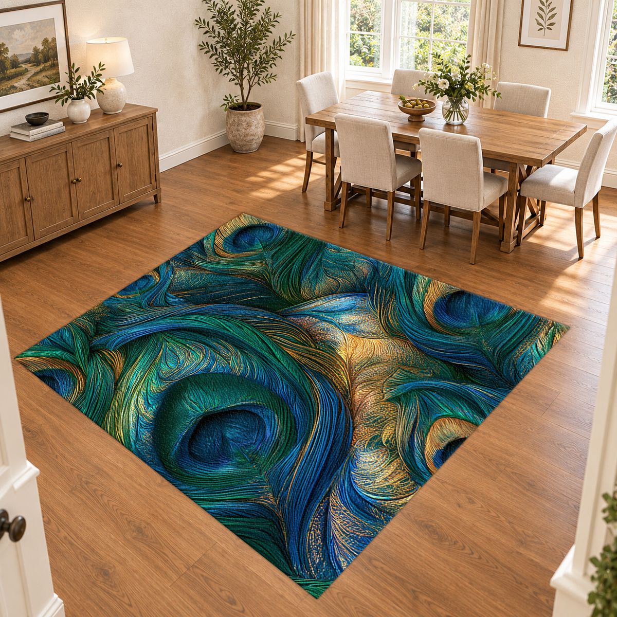 Emerald Peacock Feather Swirl printed area rug