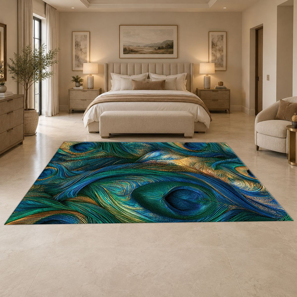 Emerald Peacock Feather Swirl printed area rug