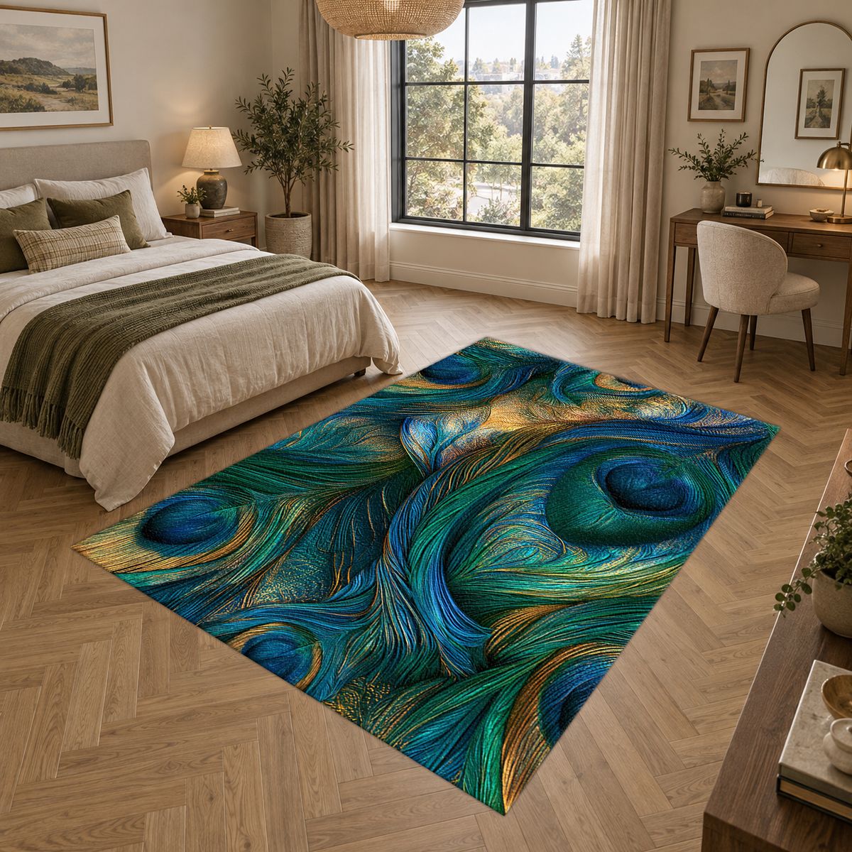Emerald Peacock Feather Swirl printed area rug