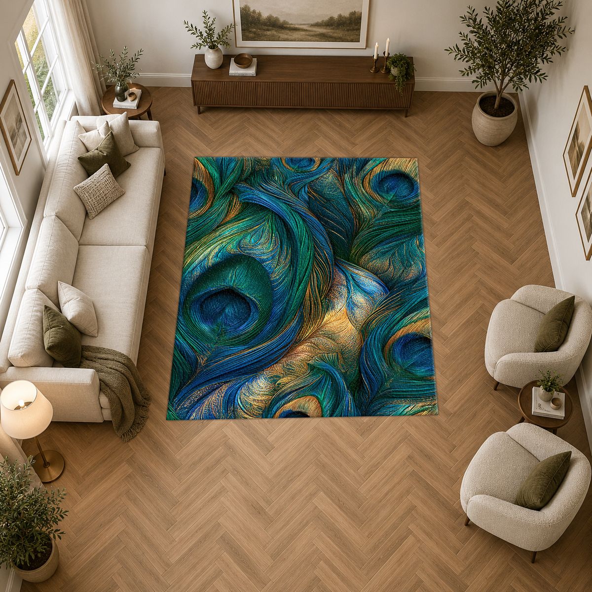 Emerald Peacock Feather Swirl printed area rug