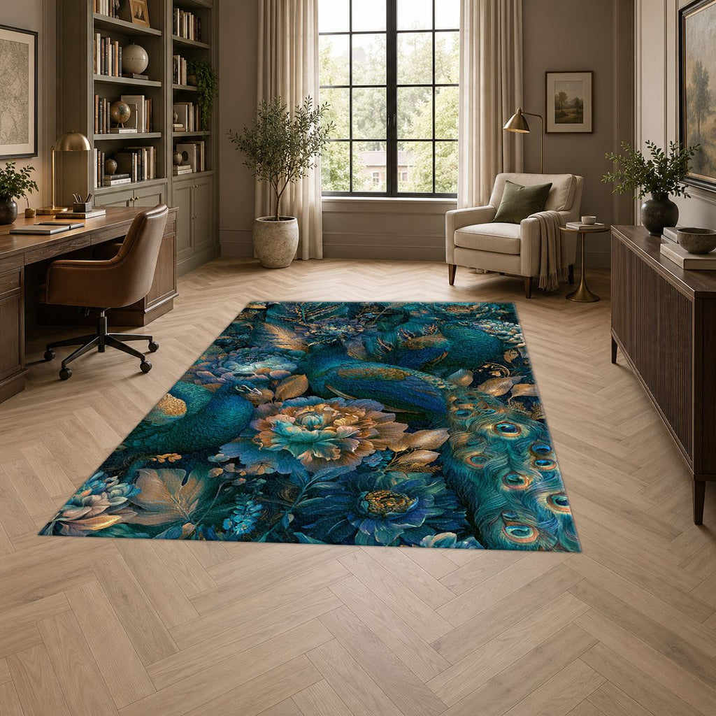 Teal Peacock Floral Garden printed area rug