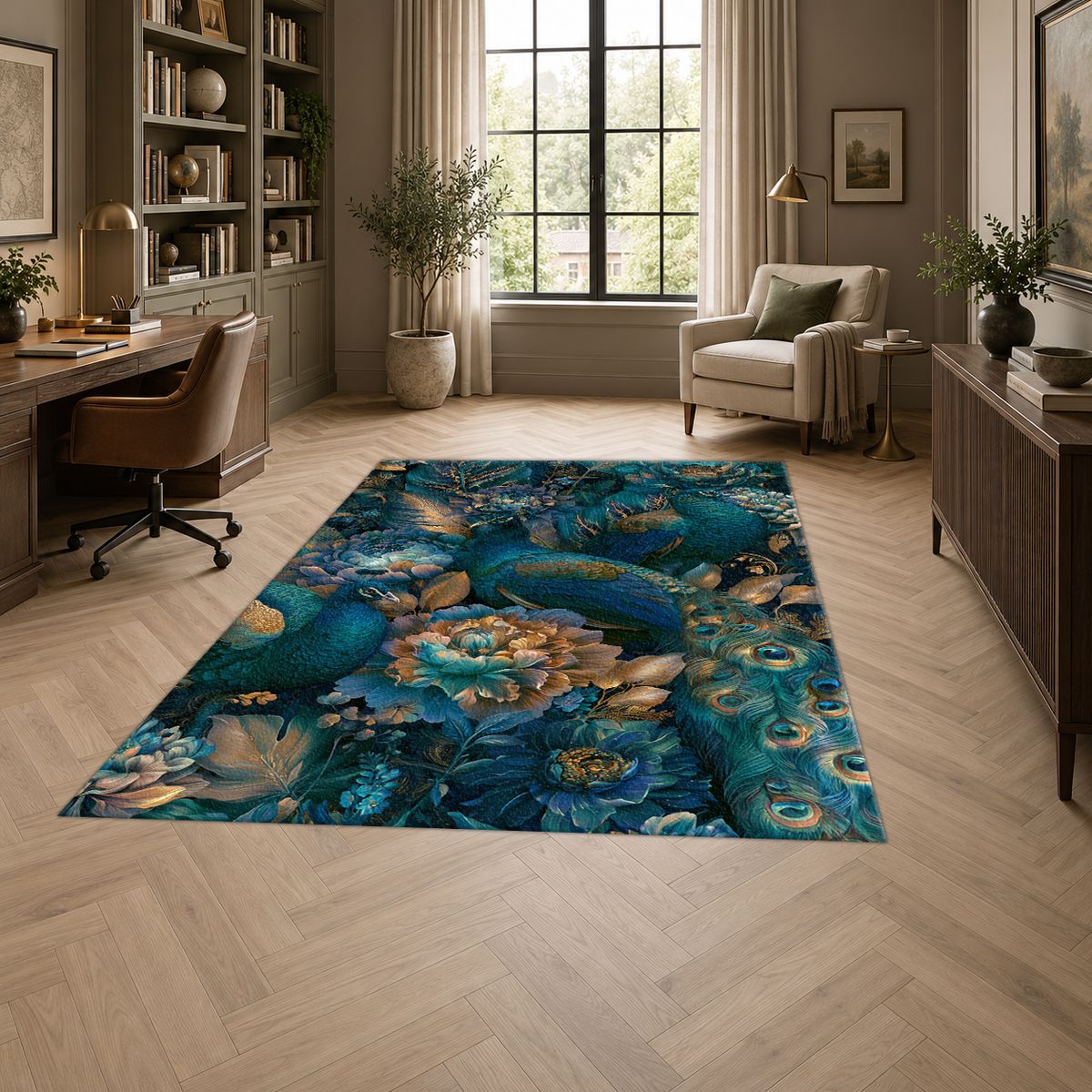 Teal Peacock Floral Garden printed area rug