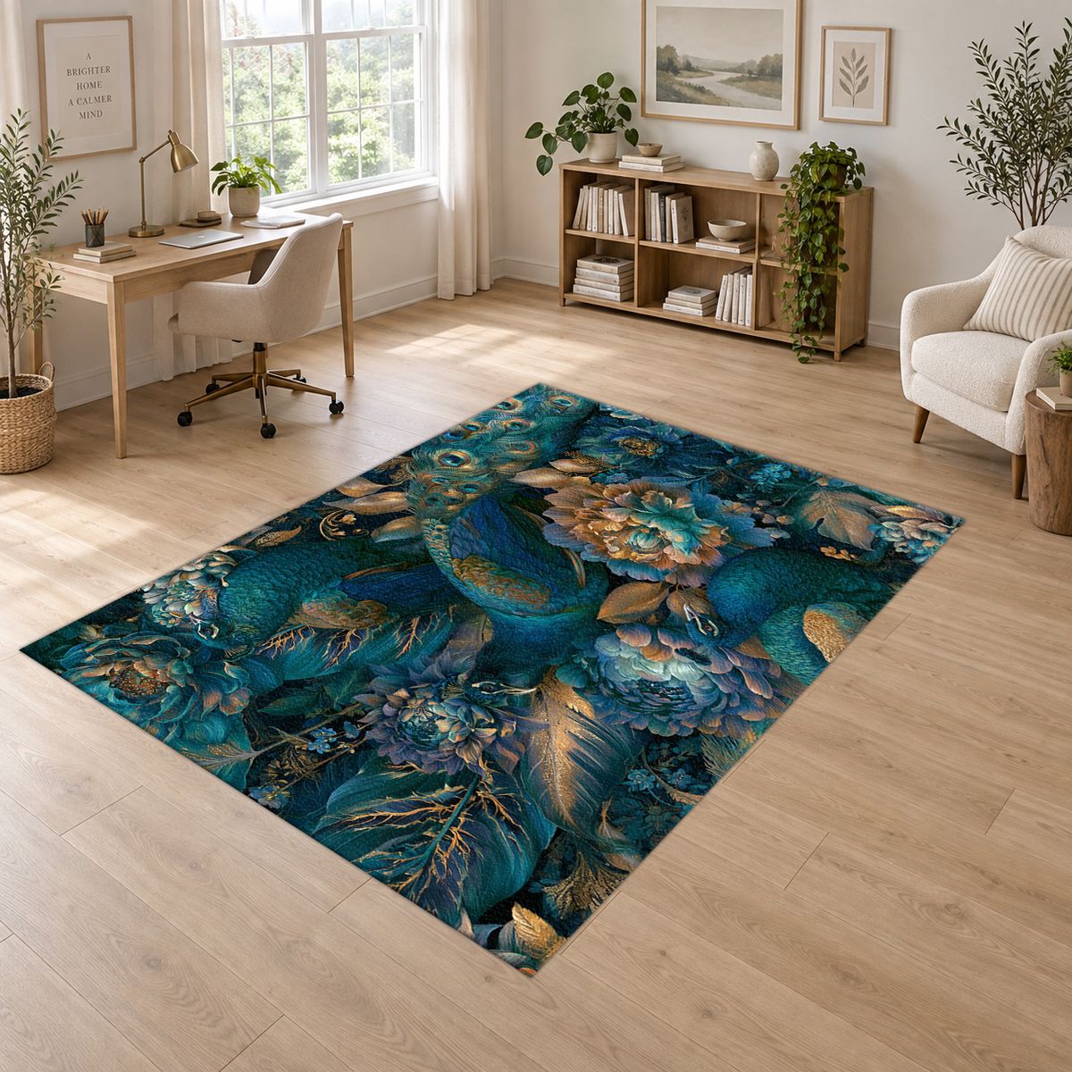 Teal Peacock Floral Garden printed area rug