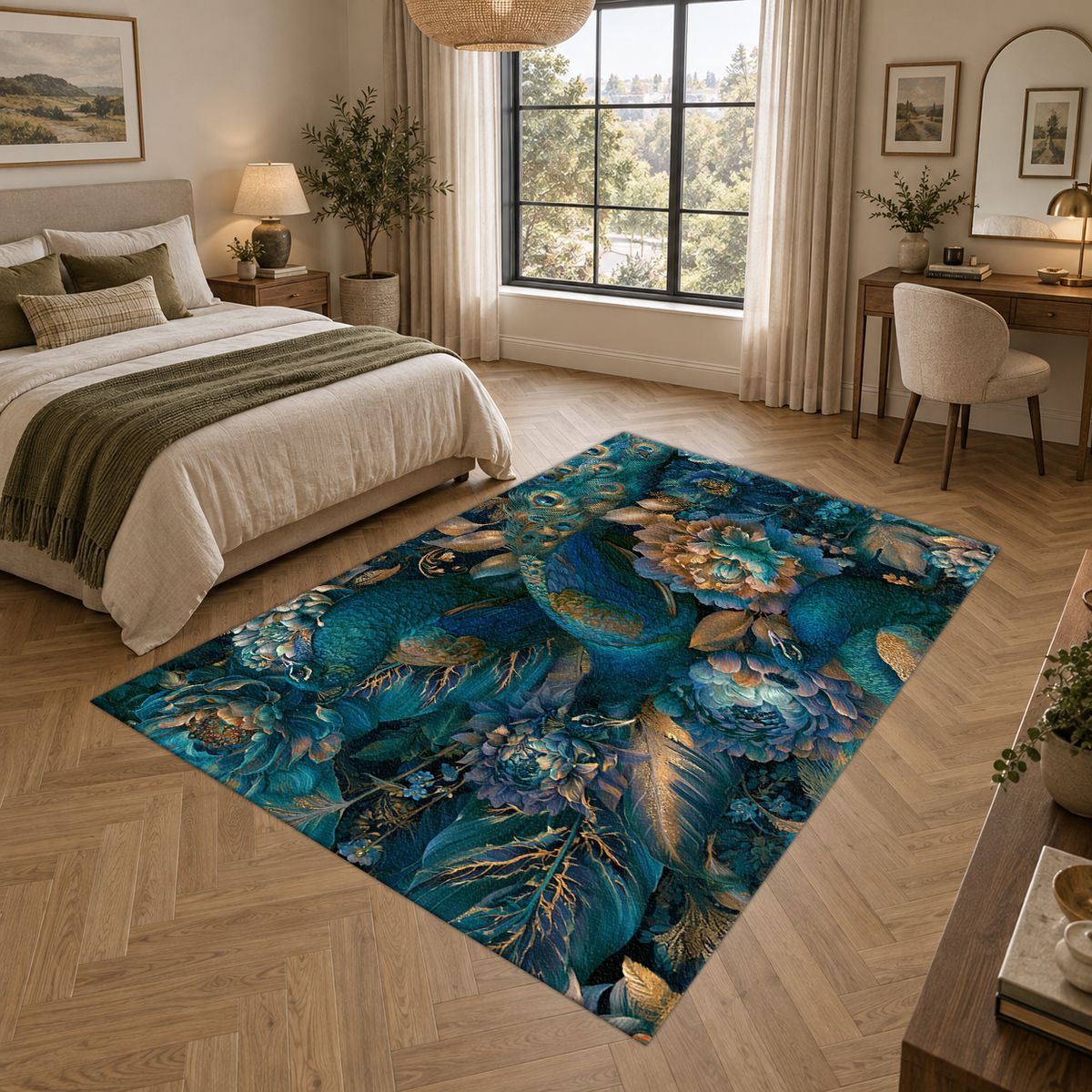 Teal Peacock Floral Garden printed area rug