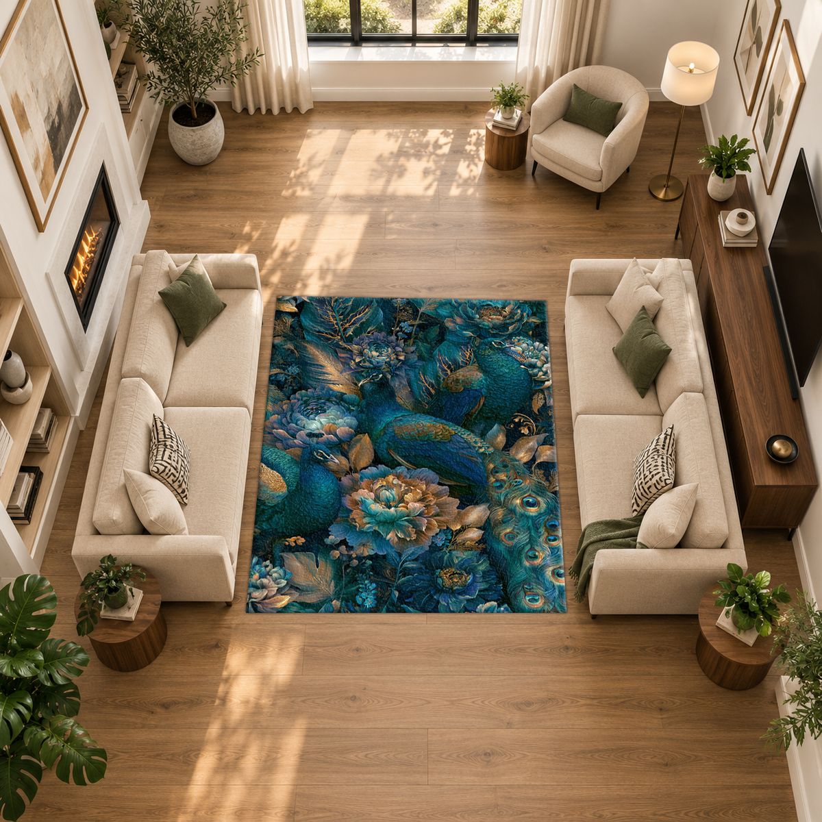Teal Peacock Floral Garden printed area rug