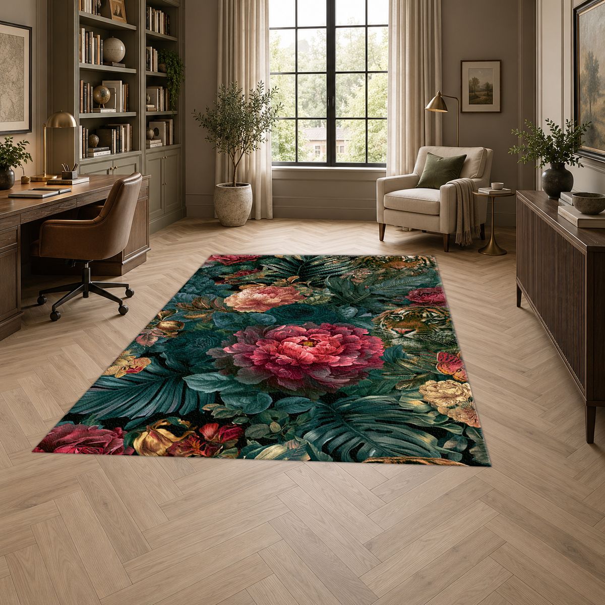 Hidden Tiger Rose Jungle printed area rug