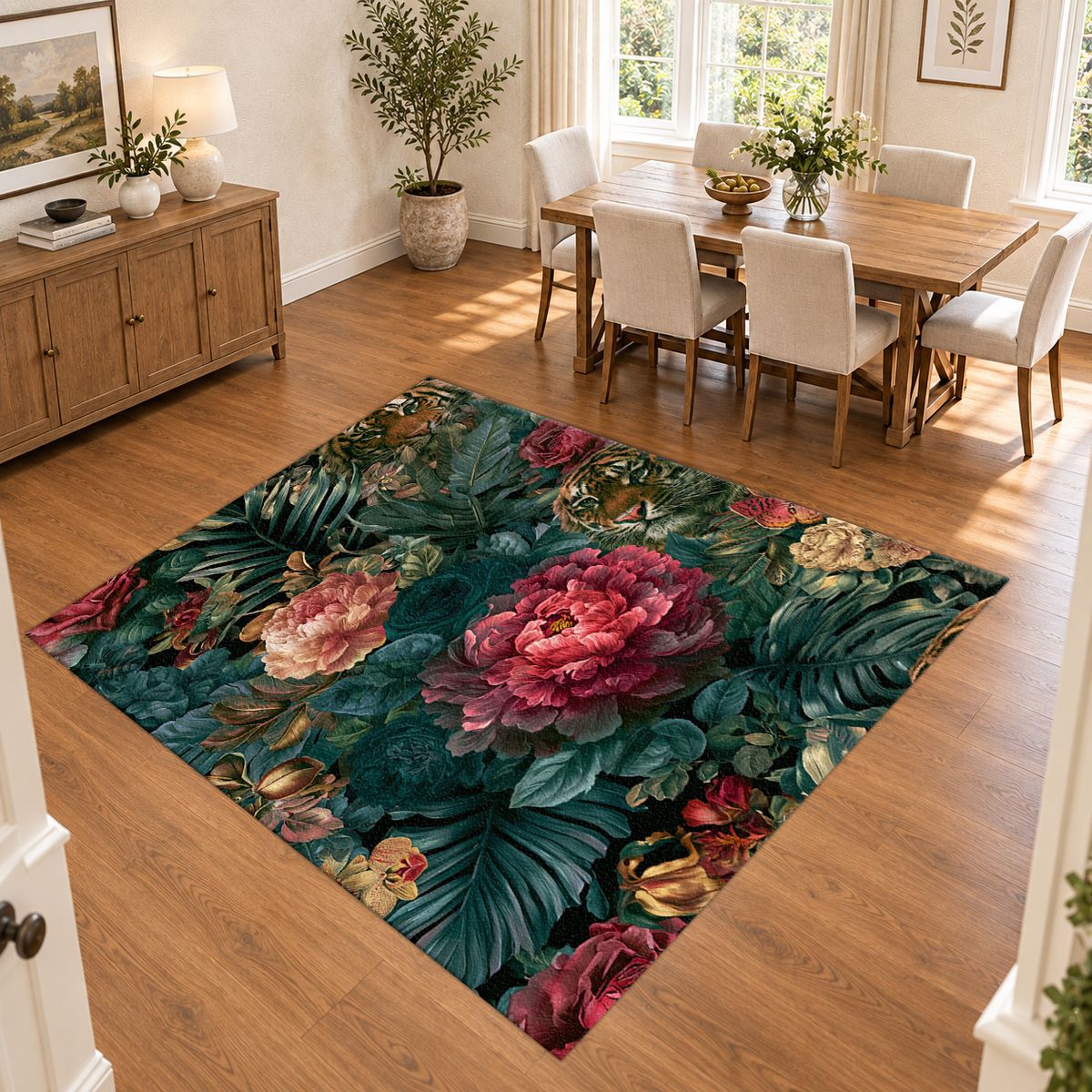 Hidden Tiger Rose Jungle printed area rug