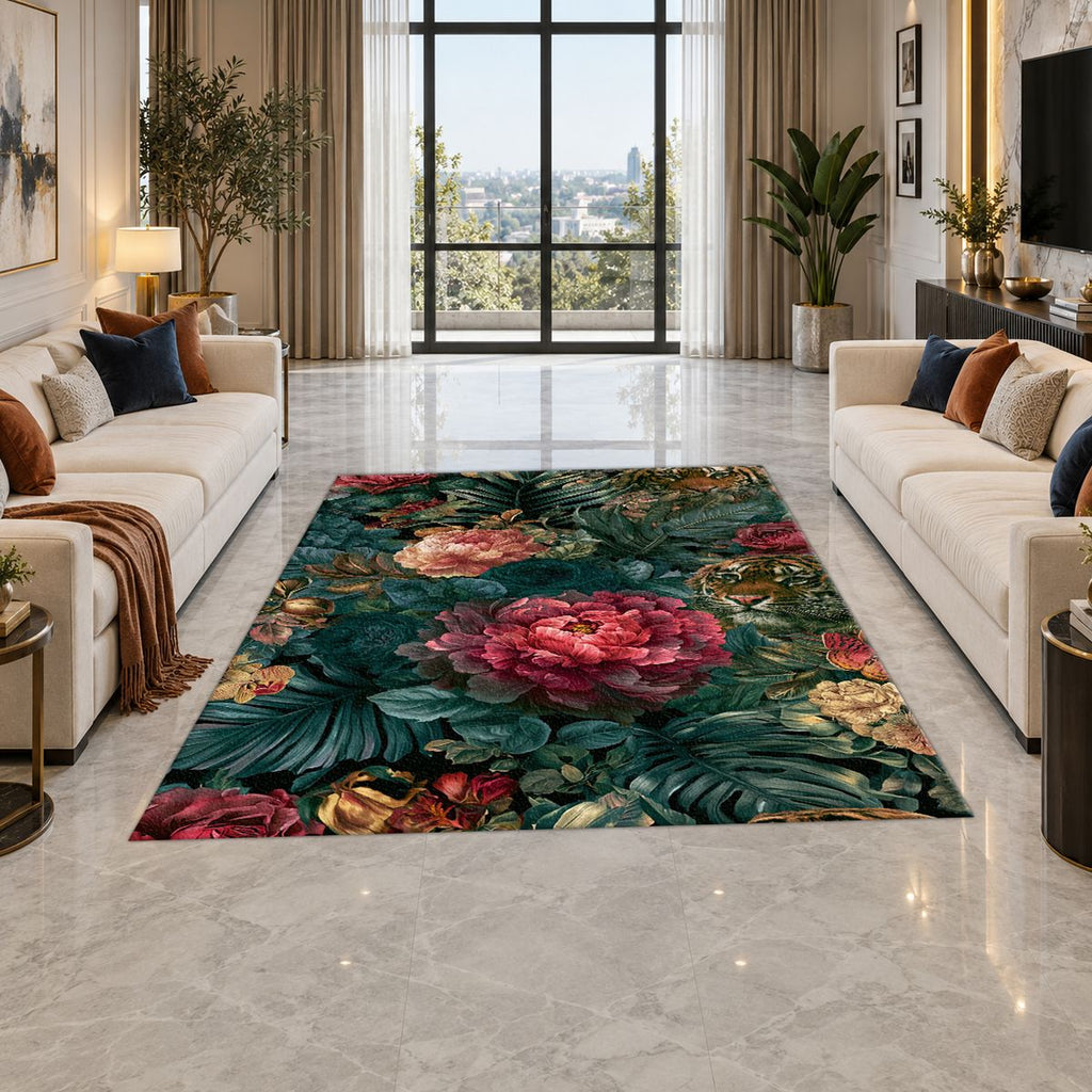 Hidden Tiger Rose Jungle printed area rug