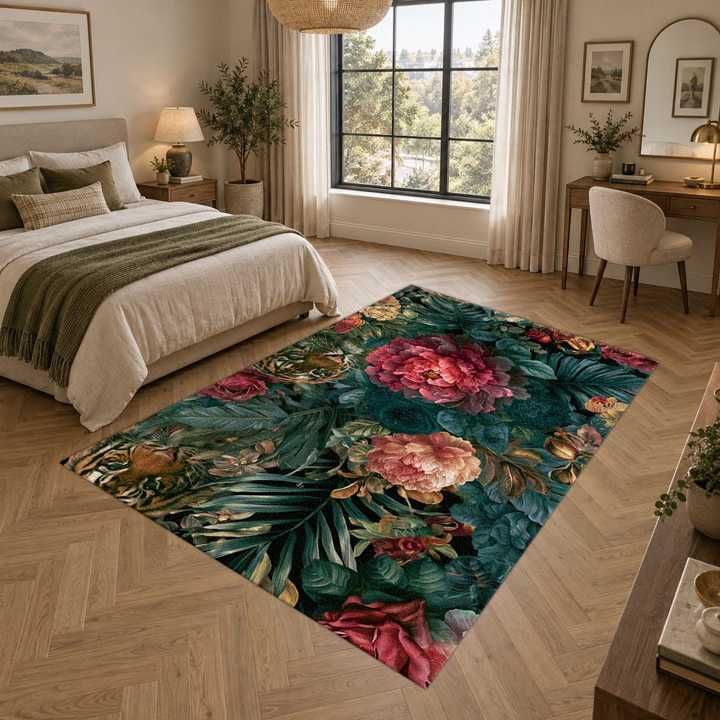 Hidden Tiger Rose Jungle printed area rug