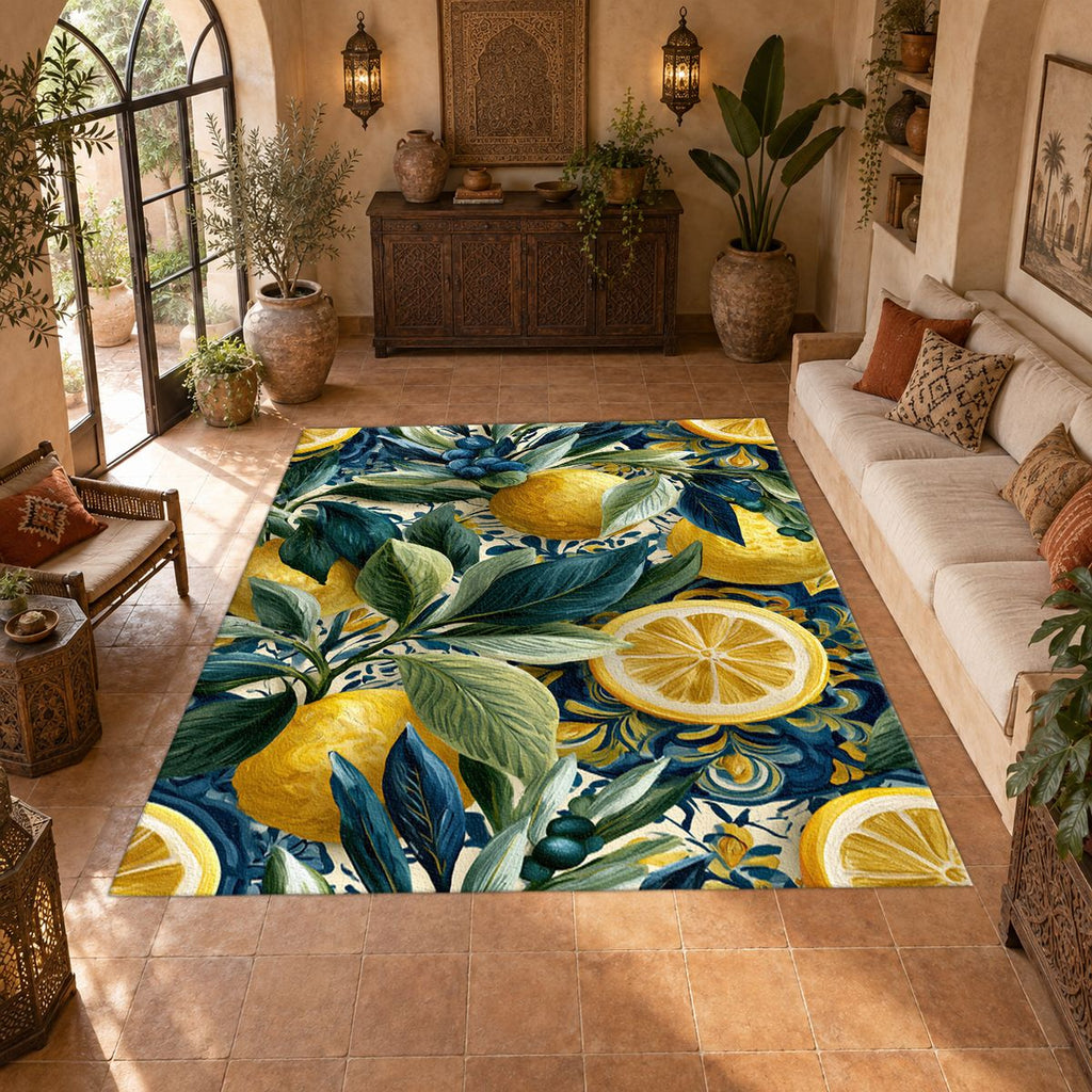 Lemon and Blue Berry Botanical printed area rug