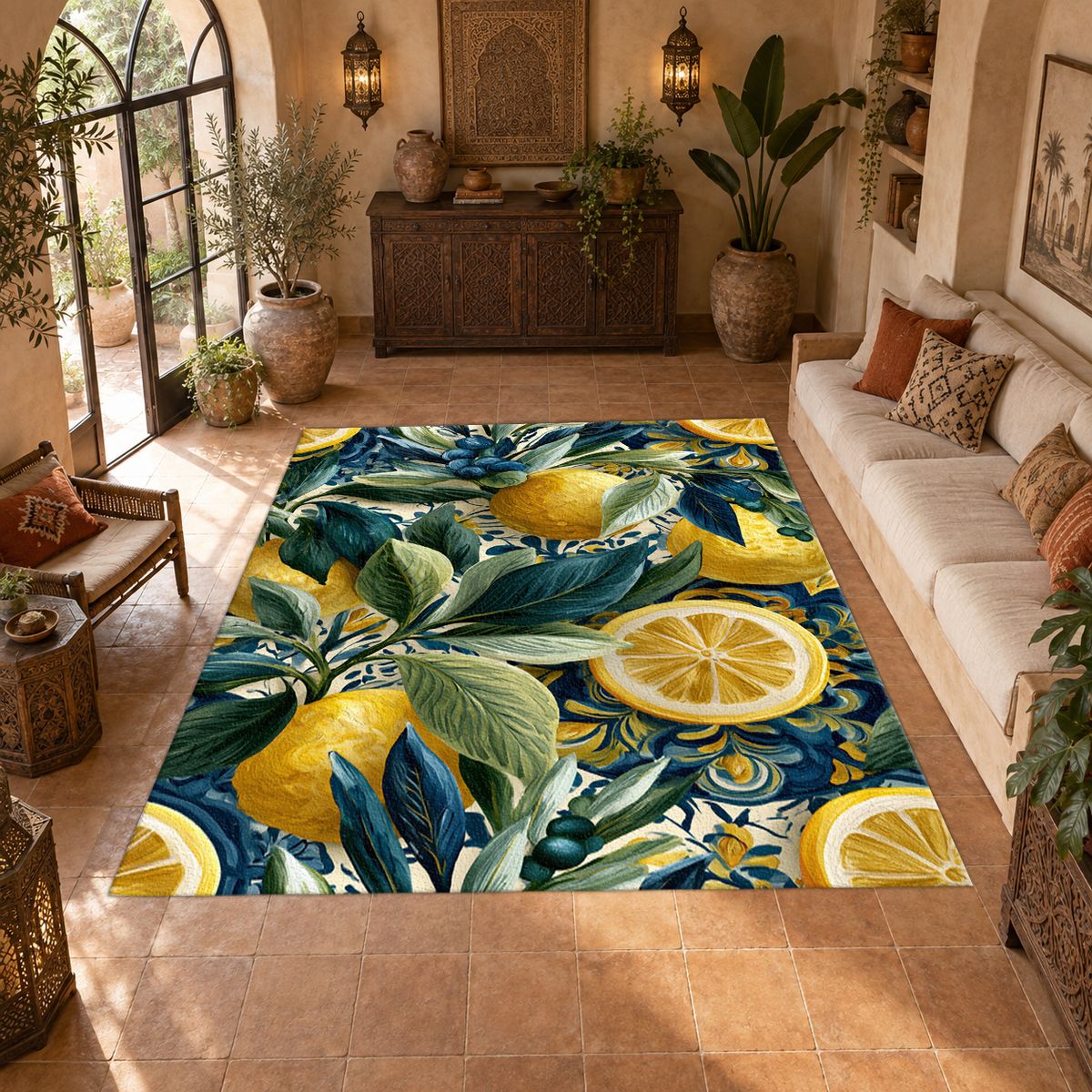 Lemon and Blue Berry Botanical printed area rug