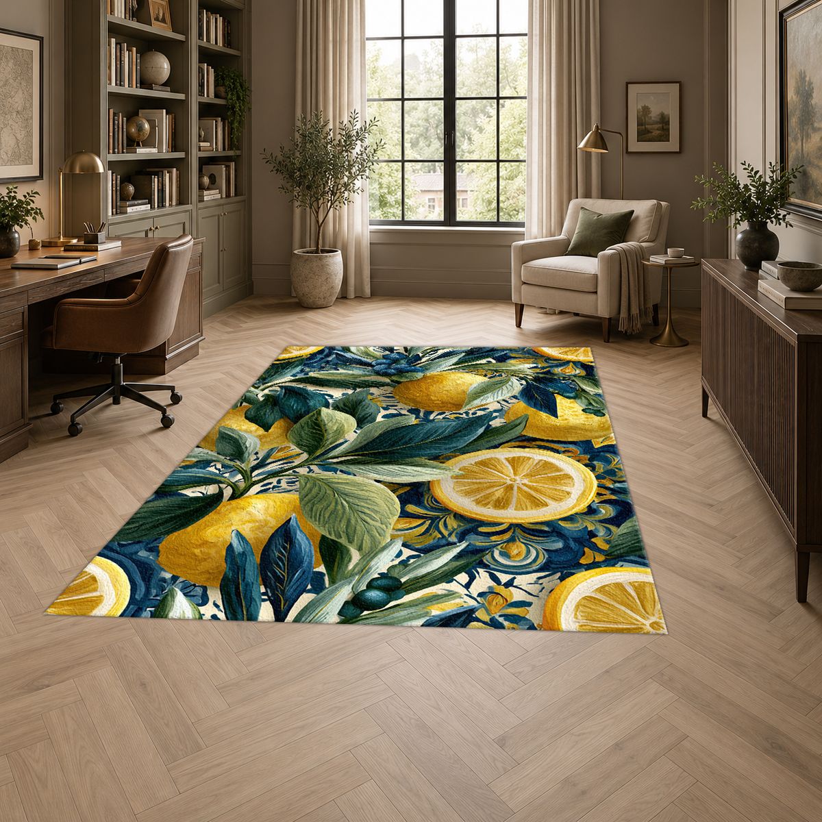 Lemon and Blue Berry Botanical printed area rug