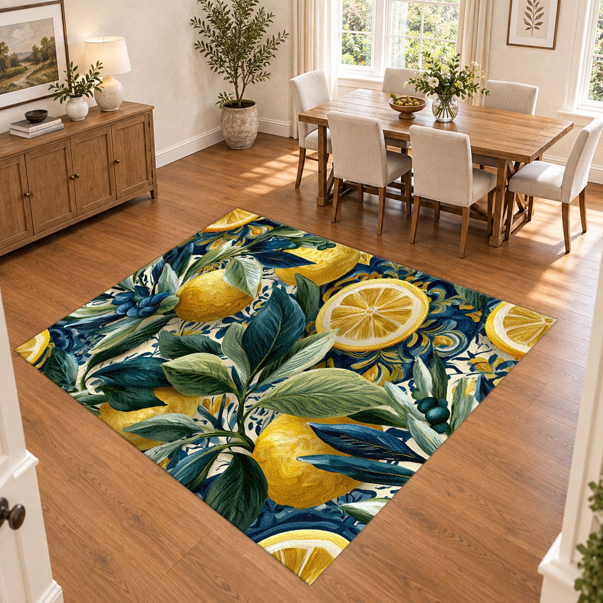 Lemon and Blue Berry Botanical printed area rug
