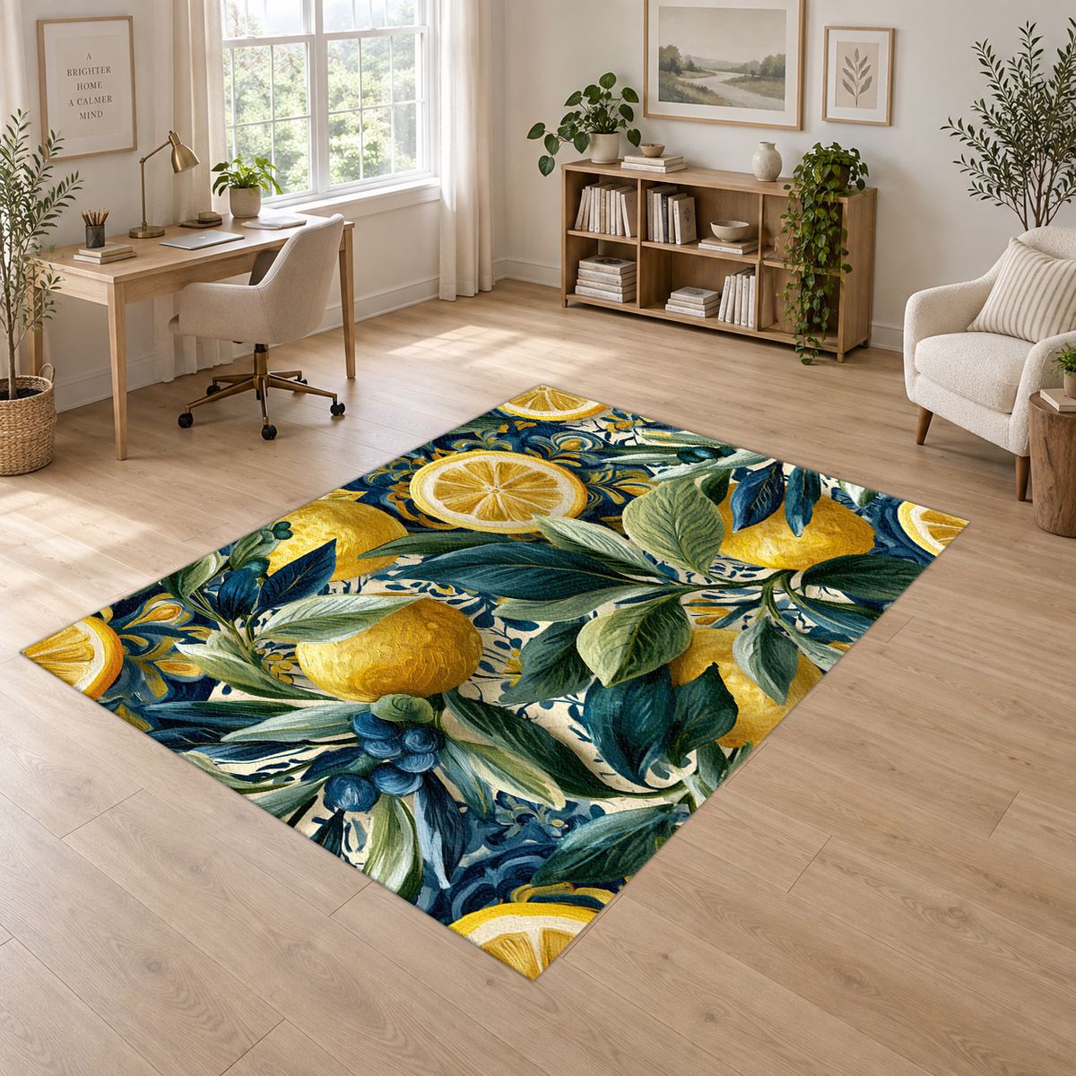 Lemon and Blue Berry Botanical printed area rug