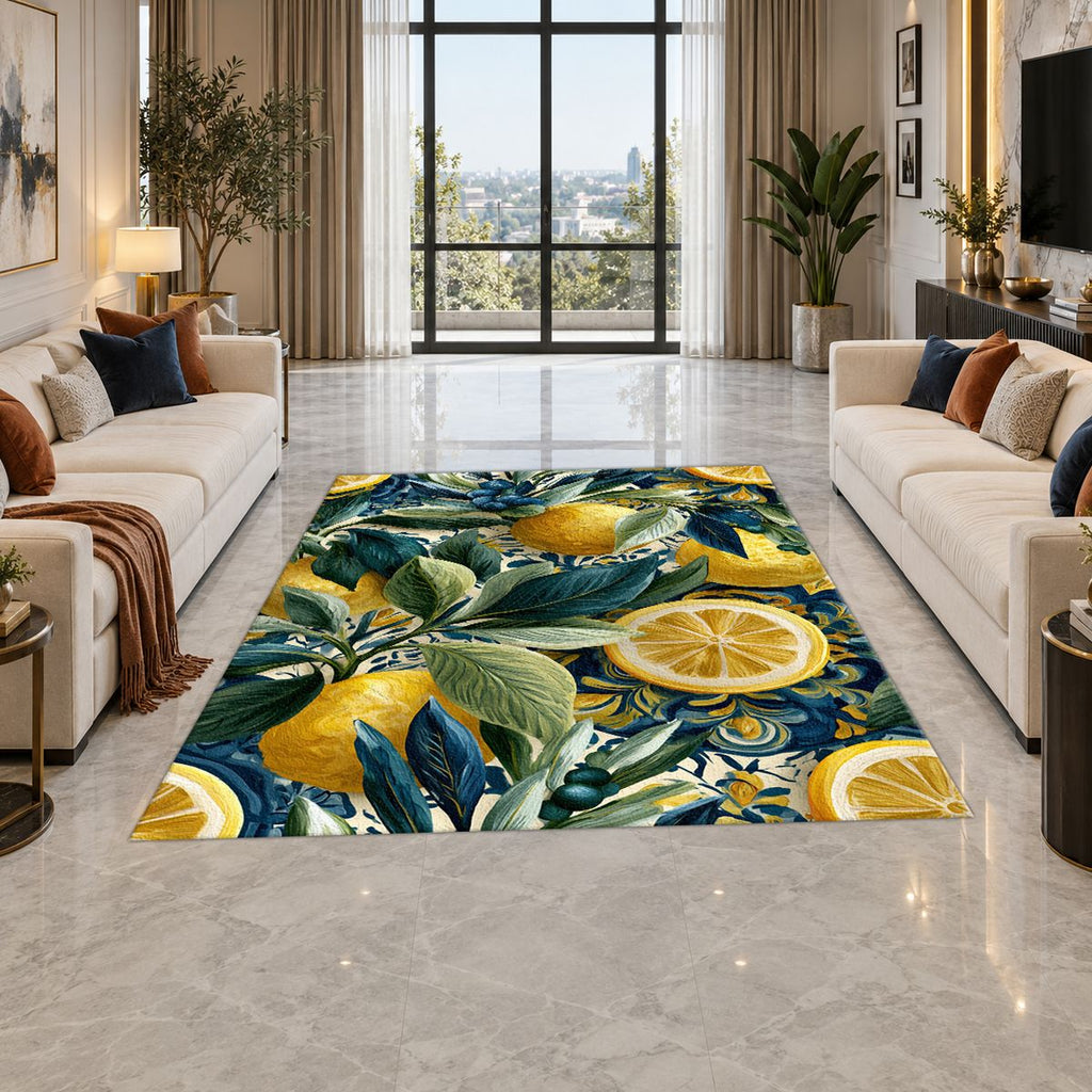 Lemon and Blue Berry Botanical printed area rug