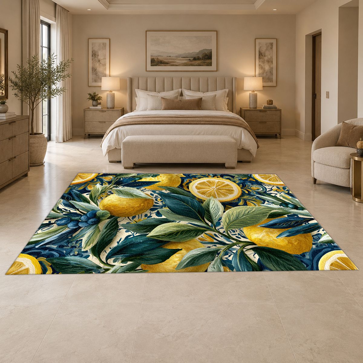 Lemon and Blue Berry Botanical printed area rug