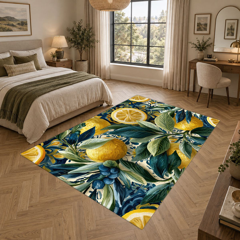 Lemon and Blue Berry Botanical printed area rug