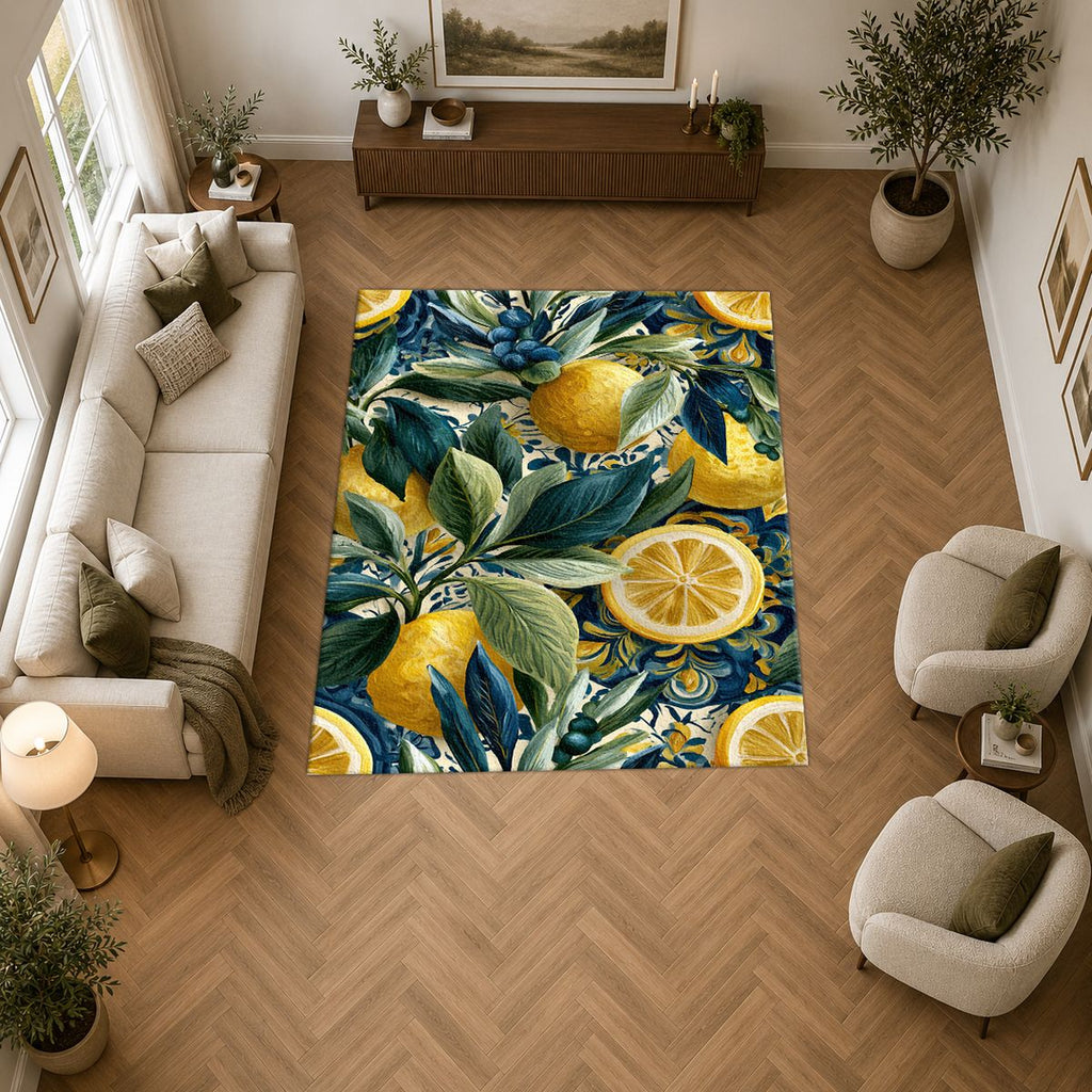 Lemon and Blue Berry Botanical printed area rug