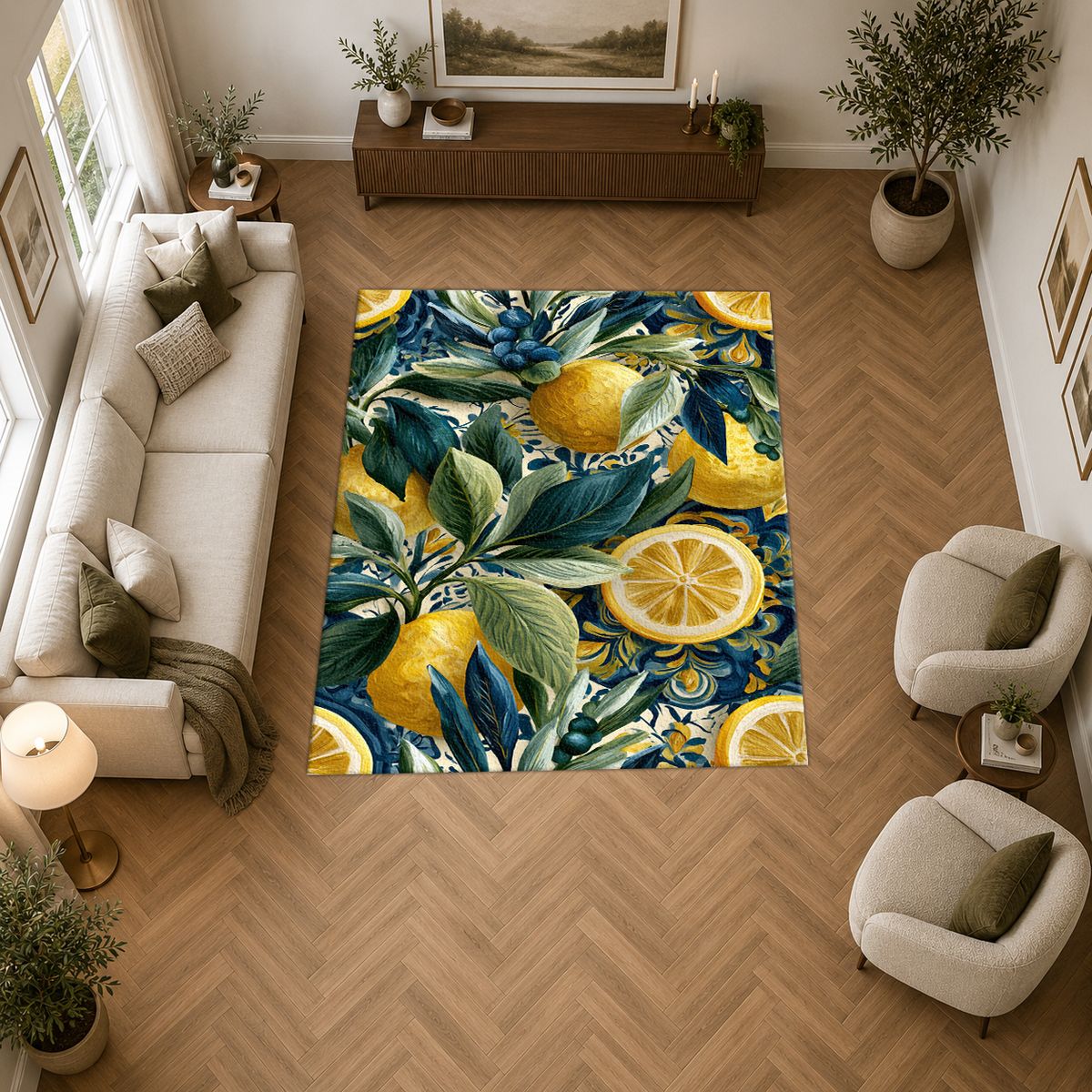 Lemon and Blue Berry Botanical printed area rug