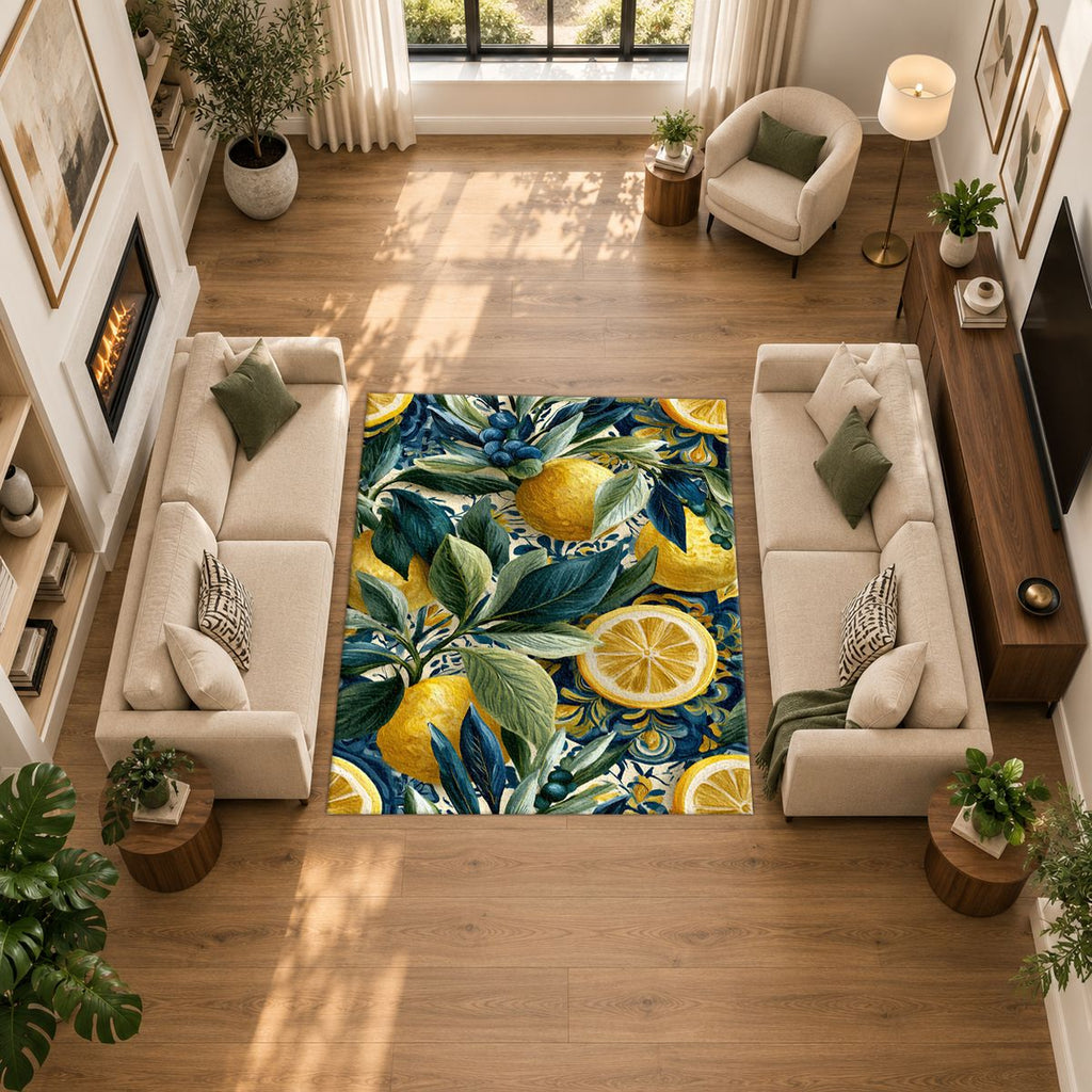 Lemon and Blue Berry Botanical printed area rug