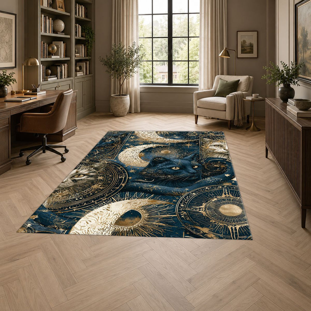 Celestial Black Cat and Moons printed area rug