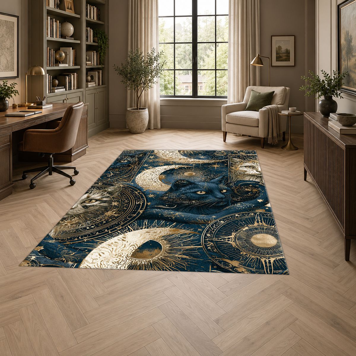 Celestial Black Cat and Moons printed area rug