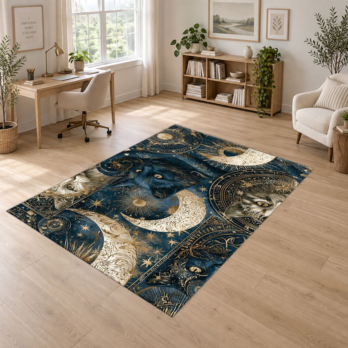 Celestial Black Cat and Moons printed area rug