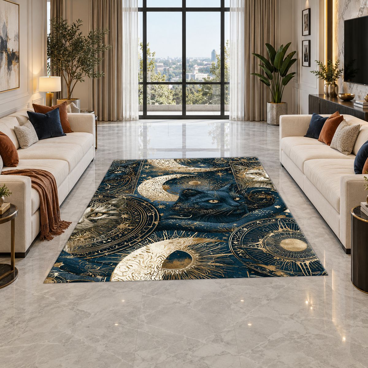 Celestial Black Cat and Moons printed area rug