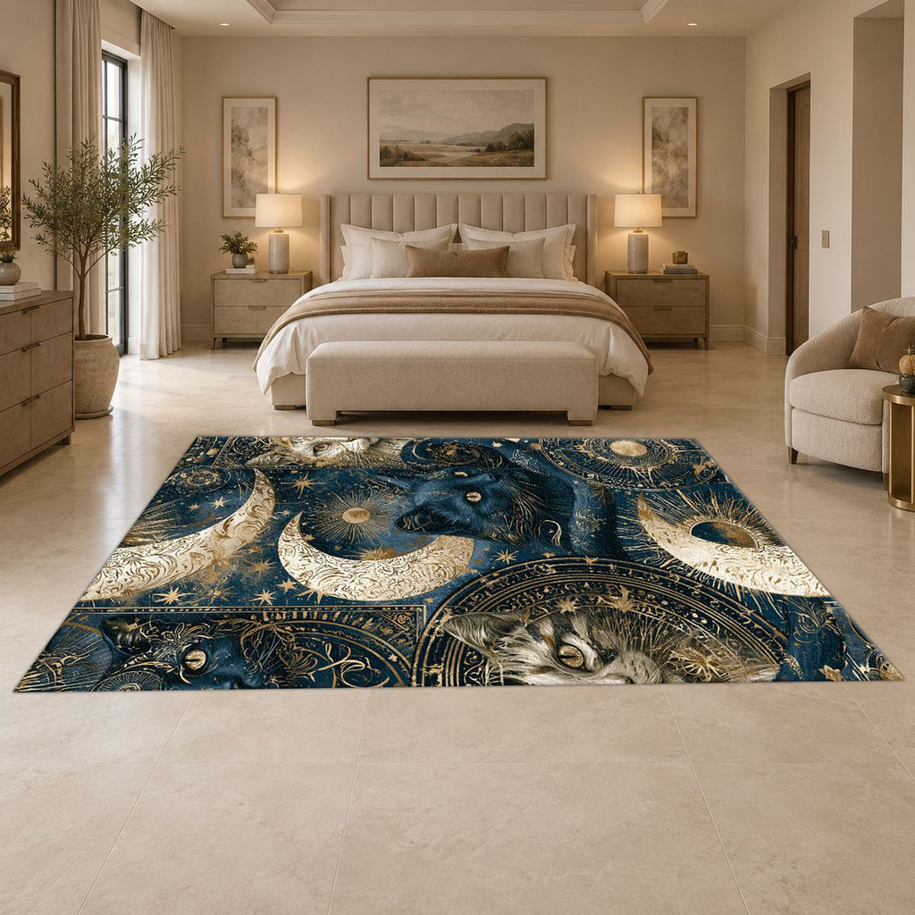 Celestial Black Cat and Moons printed area rug