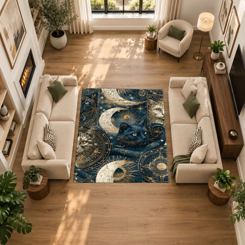 Celestial Black Cat and Moons printed area rug