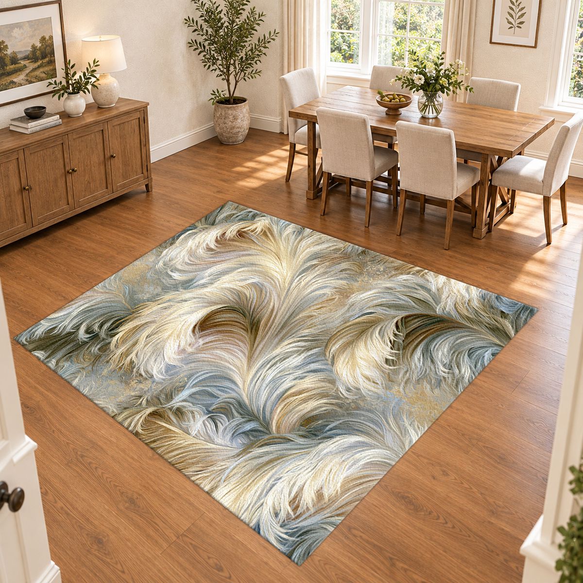 Ivory Feather Swirl printed area rug