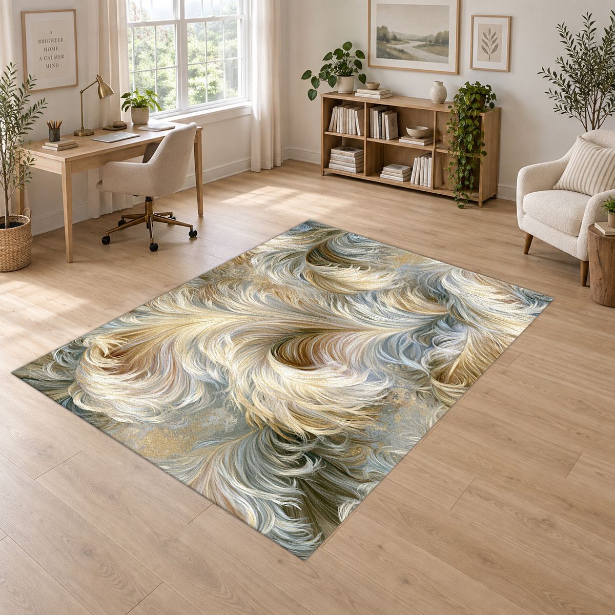 Ivory Feather Swirl printed area rug