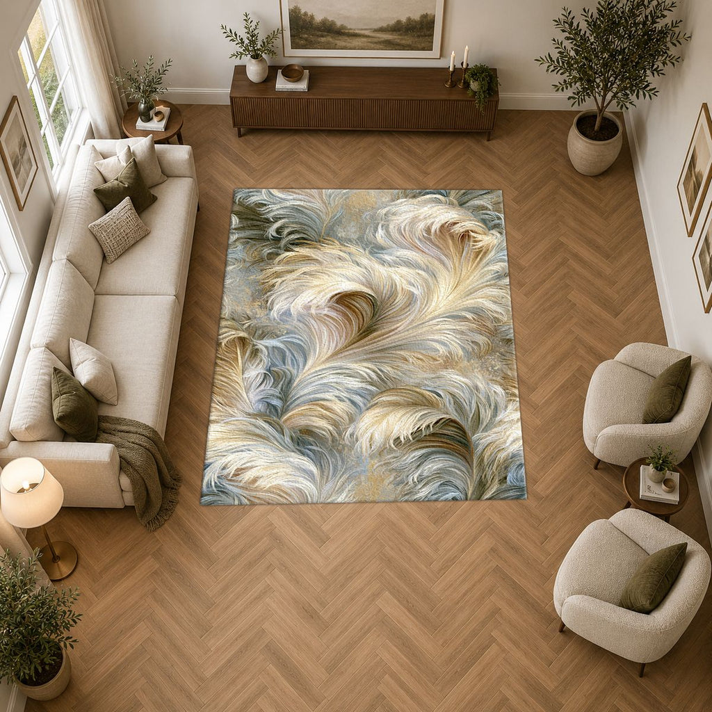 Ivory Feather Swirl printed area rug