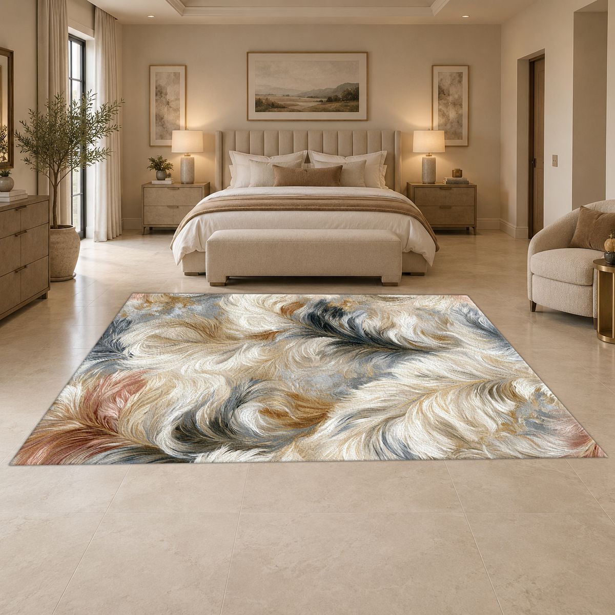 White and Gray Fluffy Fur printed area rug