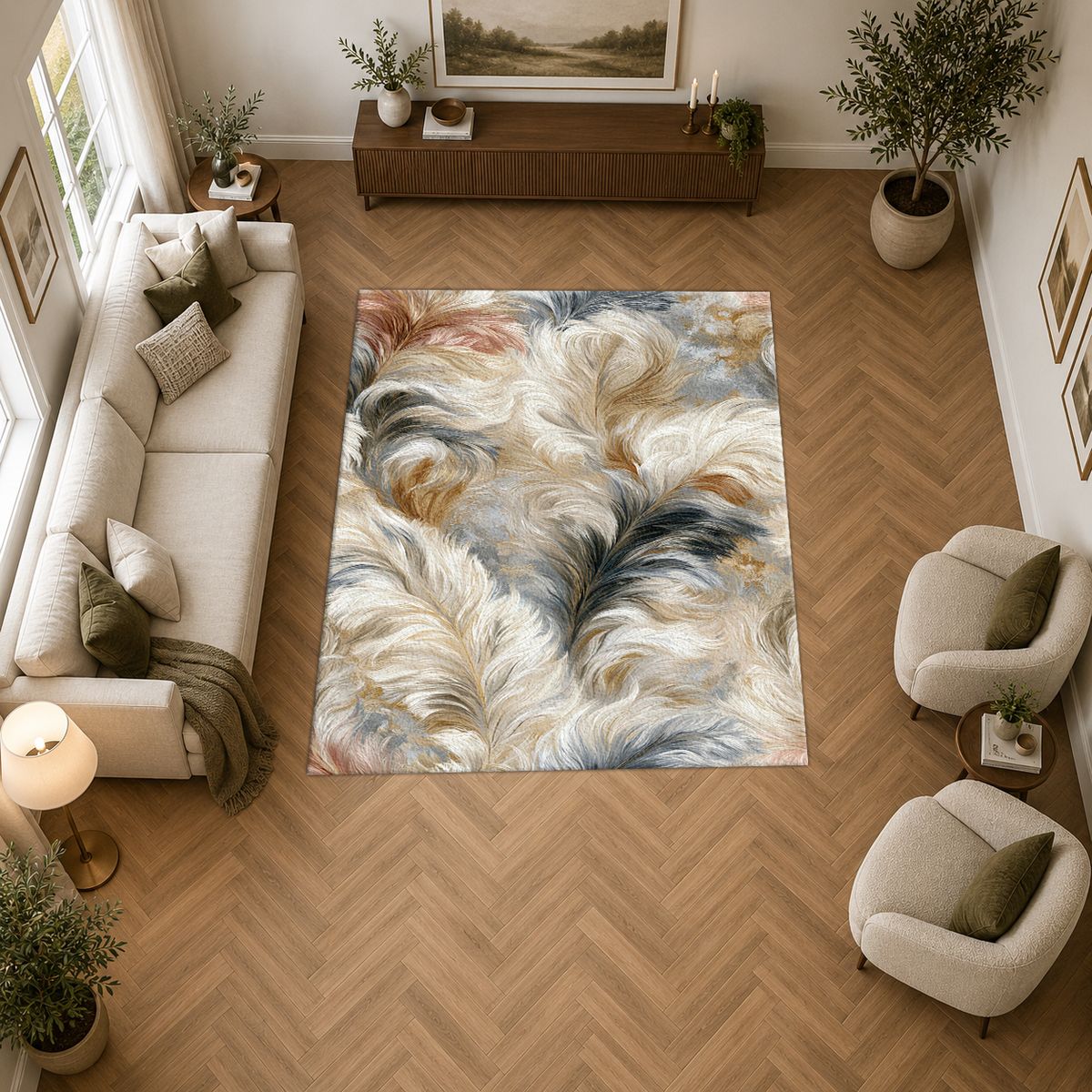 White and Gray Fluffy Fur printed area rug