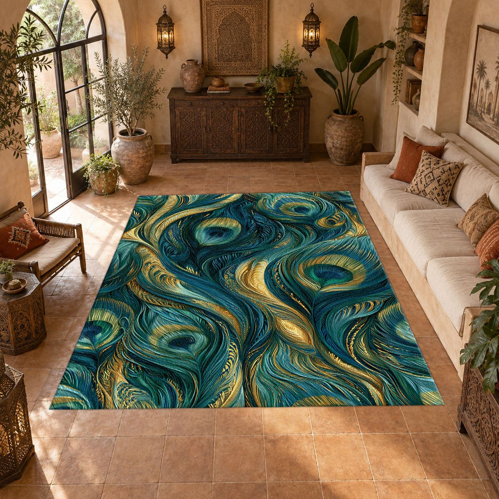 Gold and Teal Peacock Feathers printed area rug