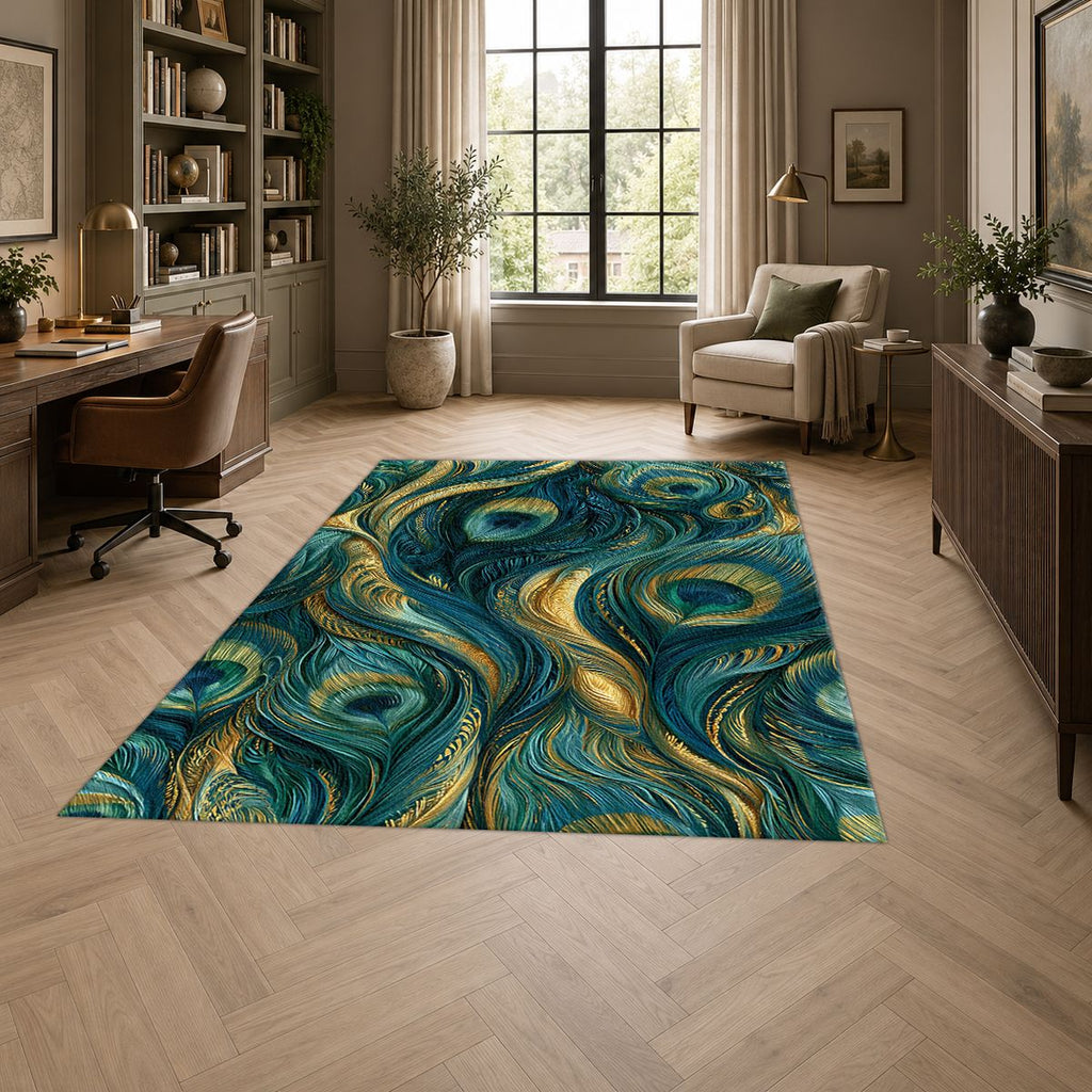 Gold and Teal Peacock Feathers printed area rug